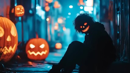 Mysterious figure with glowing pumpkin mask sitting in a dimly lit Halloween alley surrounded by carved pumpkins - Powered by Adobe