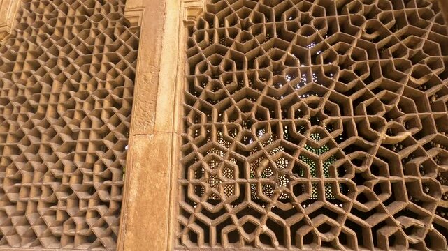 Closeup details of The Tomb of Tansen and Mohammad Ghaus is of typical Mughal architectural style in Gwalior, a Sufi saint in Gwalior, Madhya Pradesh, India