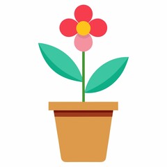 Fototapeta premium Stylized Flower in a Pot with Flat Design Featuring Red Petals Green Leaves and a Brown Pot for Decoration