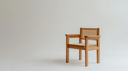 A wooden chair with a woven back sits on a white background