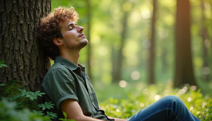 Young man relaxes in forest near tree. Calm serene environment. Eyes closed, enjoying peace of nature. Stress relief concept. Wellbeing, mindfulness, meditation, journey into self, healthy lifestyle.