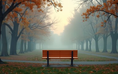 Lone Orange Bench in a Foggy Park. High quality