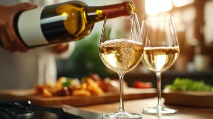 A sophisticated serving of white wine being poured into elegant glasses, exuding an atmosphere of celebration, luxury, and culinary delight in an inviting setting.