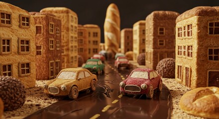 Fantastically surreal cityscape, edible composite buildings of bread