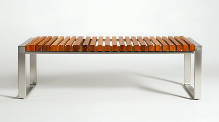 A wooden bench with a metal frame