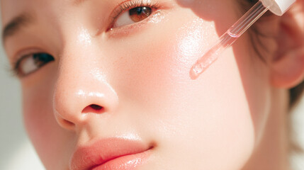 肌に美容液を塗布する瞬間