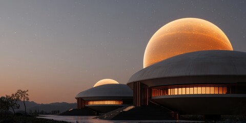 economy trade efficiency concept. Futuristic buildings under a large orange moon at twilight.