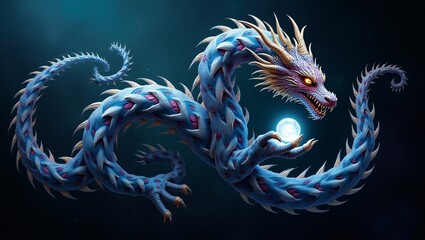 Obraz premium Majestic blue dragon holding glowing orb fantasy art