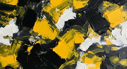 Fototapeta premium Abstract Yellow Black White Painting - Impasto abstract art featuring bold strokes of yellow, black, and white paint. Textured and vibrant