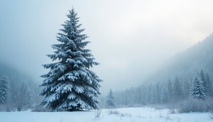 Snow covered fir tree stands in winter misty forest. Evergreen pine with white snow. Cold weather landscape scenic background. Tranquil natural beauty. Icy, glace, season. Serene, minimal, simple,