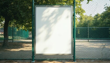 Plakat Blank white poster mockup on metal fence at playground. Signboard empty for advertising, commercial messages. Billboard for outdoor advertisement, information display at school, park, tennis court.