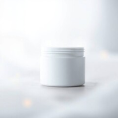 A white, cylindrical jar with a lid, sitting on a white surface with a blurred background of bokeh lights