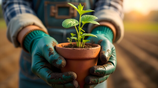 Fototapeta Person holding young green plant in terracotta pot wearing gardening gloves ideal for farming and sustainability themes