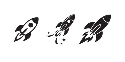 Three Rocket Launch Icons Set Against White Background