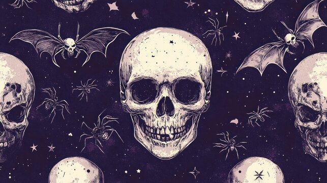 Spooky skull pattern with bats and spiders