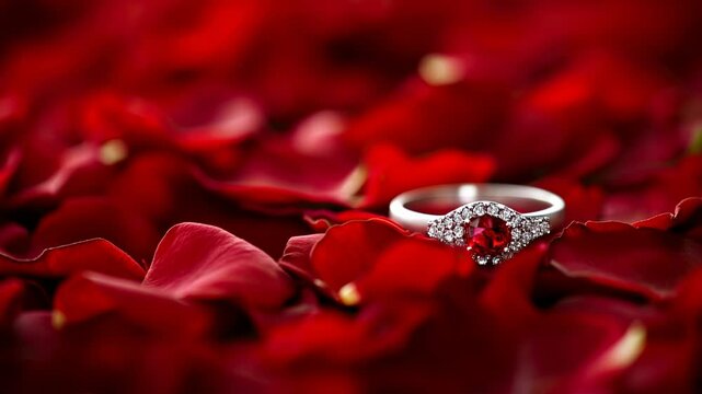 A stunning ruby engagement ring resting gently amidst a bed of vibrant red rose petals.