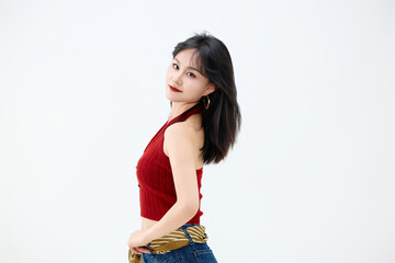 Studio shot of beautiful woman wearing retro 80s style outfit