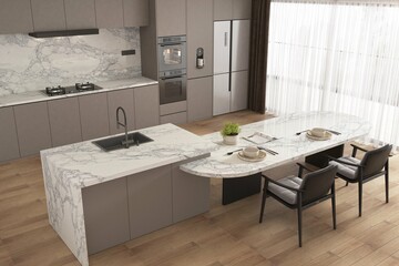 Kitchen detail with a black faucet, wood cabinets, stainless steel appliances, and marble countertops with full height backsplash. 3D Illustrations. 3D Rendering