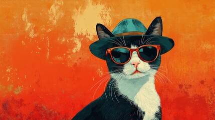 Obraz premium Stylish cat in a hat and sunglasses