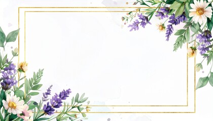 Obraz premium ナチュラルラベンダーとデイジーの水彩フレーム背景