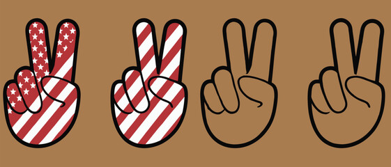 A symbol of peace and victory   the V hand gesture styled in the colors of the American flag.4th of July vector, This patriotic design serves as a bold icon for apps, websites, T-shirts, and more. Iso