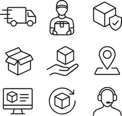 Delivery and logistics set of web icons in line style. Shipping and logistics icons for web and mobile app. Express delivery, courier, package protection, business, tracking, return, customer service