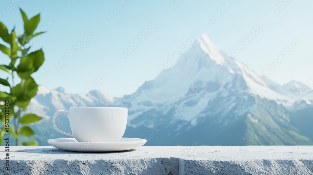 Aufkleber deck feast mountains concept. serene mountain view with a cup of coffee on a table surrounded by gre