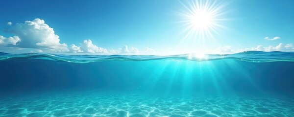 Split underwater view shows light blue ocean meets sunny sky. Calm water surface with sunbeams, creating tranquil scene. Tropical summer vacation, travel, leisure concept.