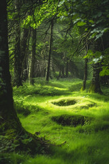 Lush green forest floor illuminated by sunlight filtering through the canopy, highlighting mossy patches and tree trunks.