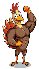 Strong cartoon turkey flexing its muscles cheerful illustration for thanksgiving holiday