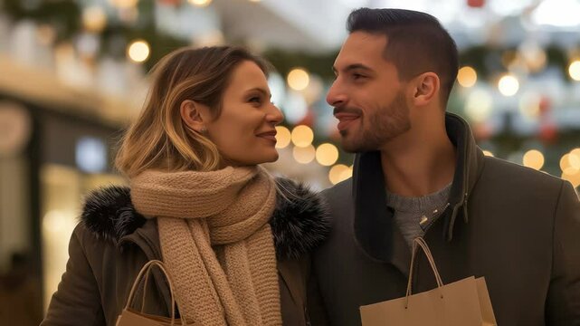 Couple's Joyful Holiday Shopping: Sharing smiles amidst festive lights, they embody the spirit of the season with bags in hand. - Powered by Adobe