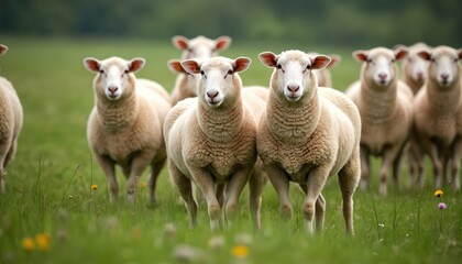 Obraz premium Flock of sheep grazing in green field. Rural scene features domestic animals, farmland, pasture. Livestock herd on meadow. Spring, summer season, agriculture industry.