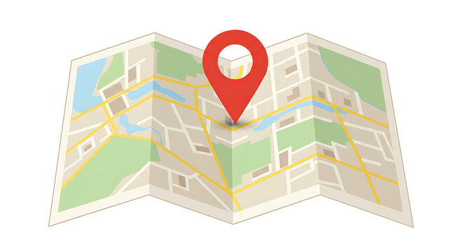 Find location on map with red pin destination point. Folded city map with red navigation pin illustration isolated on a transparent background