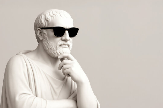 Funny classical marble statue of Greek philosopher wearing sunglasses. Ancient philosophy and modern fashion contrast concept. 3D rendered sculpture isolated on neutral background with copy space