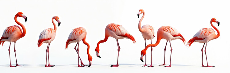 Set of vibrant flamingos isolated on white background. Birds stand in various poses. Tropical avian fauna in diverse positions. Beautiful collection of colorful exotic birds. Nature, wildlife,