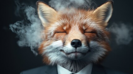 Fototapeta premium A whimsical representation of a fox's head adorned with smoke, dressed formally, embodying a blend of wild nature and sophistication, evoking curiosity and creativity.