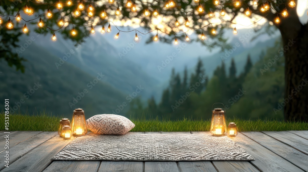Poster deck feast mountains concept. cozy outdoor setting with lanterns and a rug, surrounded by mountains 