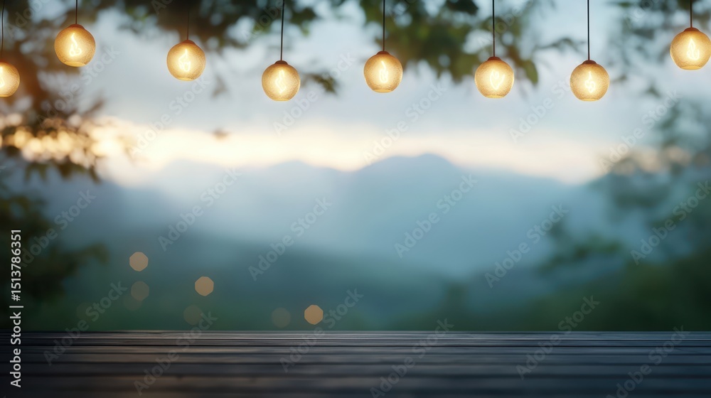 Poster Deck feast mountains concept. Serene outdoor setting with string lights and a misty mountain background.