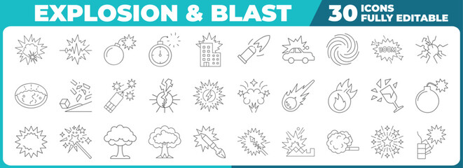 Set of explosion and blast vector line icons fully editable design