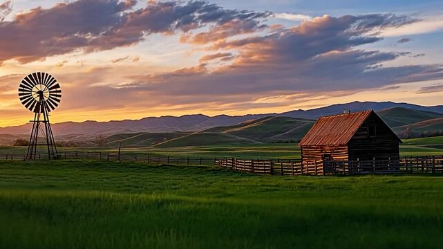 Rural landscape with windmill barn at sunset green fields rolling hills tranquil scene