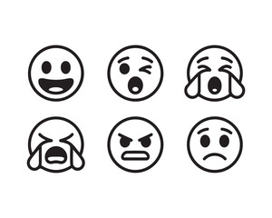 Set of Black and White Emoji Faces Displaying Various Emotions