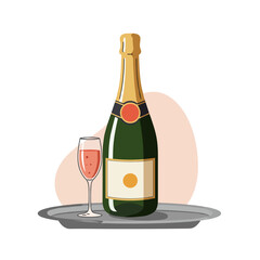 Bottle of bubbly on silver tray with glass beside it  