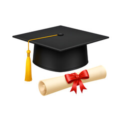 Classic graduation cap with yellow tassel and rolled diploma tied with a red ribbon, symbolizing achievement and academic success isolated on white or transparent background. PNG
