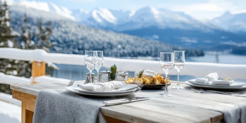 Fototapeta premium Deck feast mountains concept. Cozy winter dining table set against a snowy mountain backdrop.