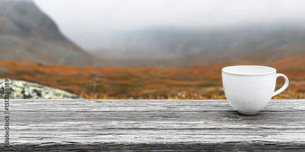 Poster deck feast mountains concept. a serene cup on a wooden table with a foggy landscape in the backgroun