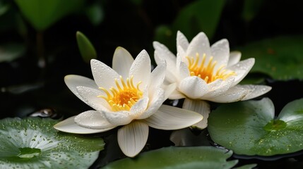 These delicate white water lilies bloom in a tranquil pond, glistening with raindrops on their petals, symbolizing purity, beauty, and the serene essence of nature&rsquo;s quiet moments.
