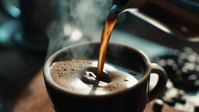 Steaming cup of espresso coffee, freshly poured. Rich, dark liquid cascades into mug. Aroma coffe culture, relaxation, mornings. Fresh tasty americano drink close up. Awakening hot Caffeine close up.