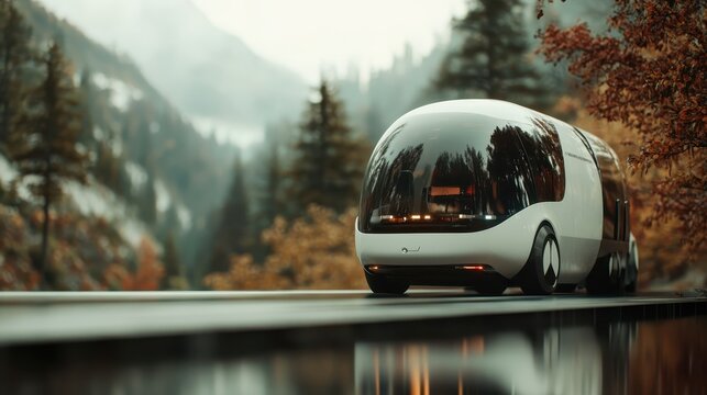 A sleek, futuristic self-driving car gliding through a serene natural landscape, highlighting the blend of technology and nature in an imaginative future environment.