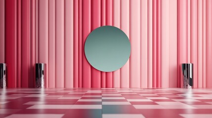 An artistic setup featuring a circular mirror on a textured pink wall with vertical stripes, creating a modern and vibrant aesthetic that's visually enticing.