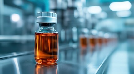 A well-lit laboratory features a clear vial filled with amber liquid, symbolizing modern pharmaceutical production and its significance in healthcare and scientific research.